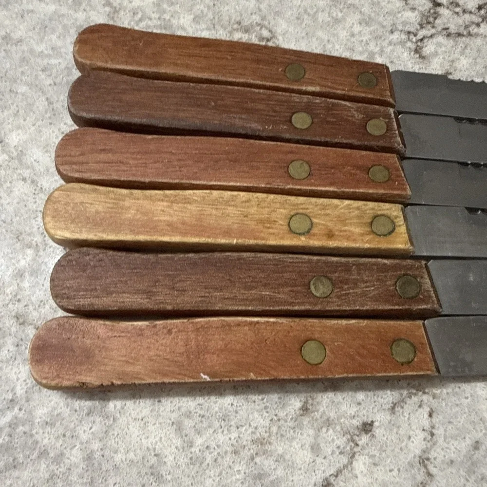 6 Vintage Brand Ware Stainless Steel Steak Knives Wooden Handles Dainty